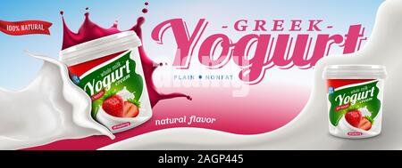 Lo yogurt greco annunci con naturale sapore di fragola in latte swirl vettore commerciale illustrazione realistica Illustrazione Vettoriale