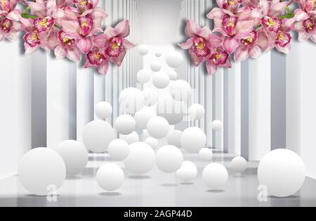 3D texture di sfondo, architettura tunnel con orchidee e sfere. Foto Stock