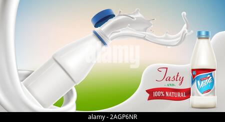 Vector bottiglia di latte, pronto mockup per il design. Prodotto di bevanda concetto banner sfondo illustrazione realistica con latte o yogurt swirl e latte Illustrazione Vettoriale