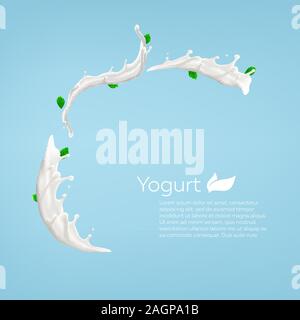 Latte intero yogurt swirl design sfondo, vettore commerciale pubblicità mock-up illustrazione realistica Illustrazione Vettoriale