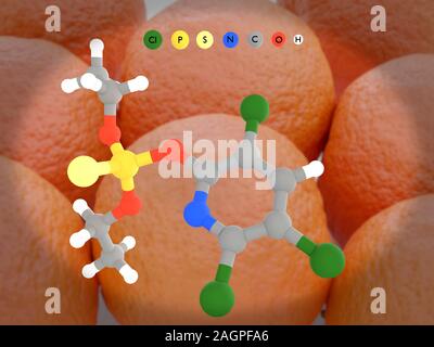 Il modello molecolare dell'insetticida organofosfato chlorpyrifos (C9.H11.Cl3.N.O3.P.S) su uno sfondo di arance. Chlorpyrifos è ampiamente utilizzato in agricoltura, che uccide gli insetti agendo sull'insetto del sistema nervoso. Gli atomi sono rappresentati da sfere e sono codificati a colori: carbonio (grigio), Idrogeno (bianco), Azoto (blu), Ossigeno (rosso), zolfo (luce gialla), Fosforo (giallo) e cloro (verde). Foto Stock