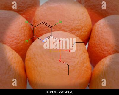 Illustrazione della struttura molecolare dell'insetticida organofosfato chlorpyrifos (C9.H11.Cl3.N.O3.P.S) su uno sfondo di arance. Chlorpyrifos è ampiamente utilizzato in agricoltura, che uccide gli insetti agendo sull'insetto del sistema nervoso. Gli atomi sono rappresentati come lettere e sono codificati a colori: carbonio (grigio), Idrogeno (bianco), Azoto (blu), Ossigeno (rosso), zolfo (giallo), Fosforo (arancione) e cloro (verde). Foto Stock