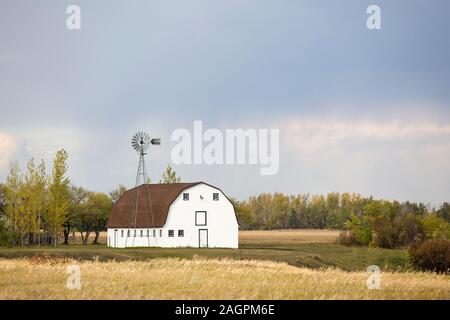 Fienile con mulino a vento su una fattoria in Saskatchewan rurale, Canada Foto Stock