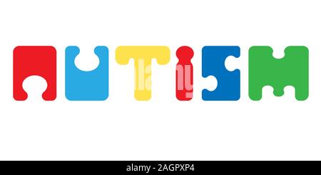 La parola autismo fatta di lettere stilizzata come pezzi di un puzzle Foto Stock