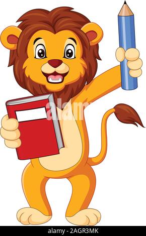 Cartoon lion azienda prenota e matita Illustrazione Vettoriale