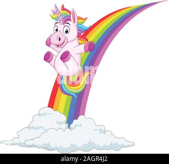 Cartoon unicorn scorrevole su di un arcobaleno Illustrazione Vettoriale