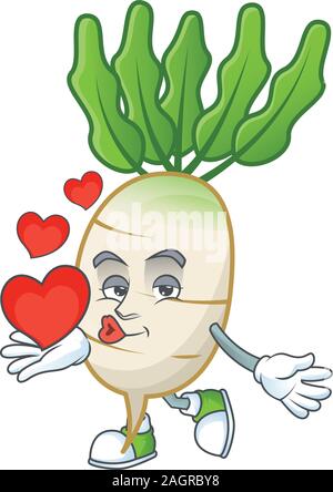 Felice daikon personaggio dei fumetti mascotte con cuore Illustrazione Vettoriale