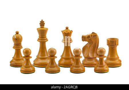 Pezzi di scacchi in texture in legno di colore bianco Foto Stock