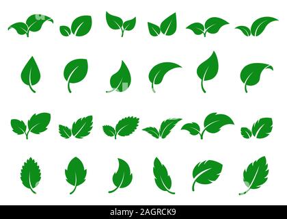 Foglie verdi logo. Leaf icon set. Eco di erbe etichetta astratta. Bio, vegan o il concetto di farmacia. Semplice piatto fogliame design. Natura decorativa silhouette. Illustrazione Vettoriale