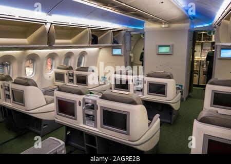 Il viaggio in aereo, Ethiopian Airlines Boeing 787 Dreamliner, Cloud 9 Cabina Business Class Foto Stock