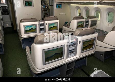 Il viaggio in aereo, Ethiopian Airlines Boeing 787 Dreamliner, Cloud 9 Cabina Business Class Foto Stock