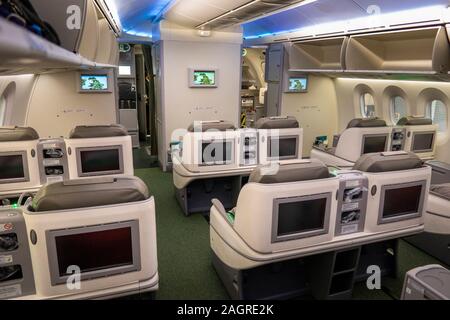 Il viaggio in aereo, Ethiopian Airlines Boeing 787 Dreamliner, Cloud 9 Cabina Business Class Foto Stock