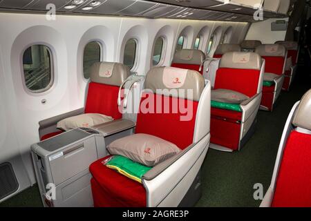 Il viaggio in aereo, Ethiopian Airlines Boeing 787 Dreamliner, Cloud 9 Cabina Business Class Foto Stock