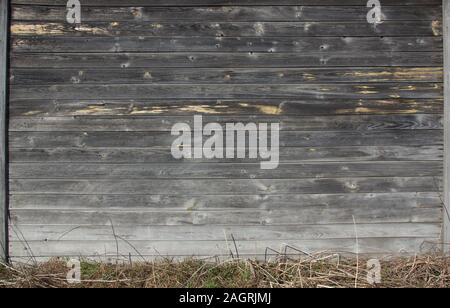 La texture in legno listone vecchio muro della vecchia casa grigio scuro marrone colore asciutto erba autunno molla orizzontale di sfondo Foto Stock