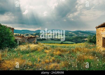 Bellissimo paesaggio rurale della campagna, prati e campi coltivati Foto Stock