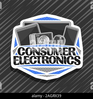 Il logo del vettore per il Consumer Electronics, decorativi taglio carta badge con illustrazione del grigio set di prodotti elettronici, concetto con carattere tipografico originale per Illustrazione Vettoriale