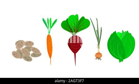 Verdure isolati su sfondo bianco. Set di cartoon della verdura. Patate, carote, barbabietole, la cipolla e il cavolo. Fattoria di eco. Stock illustrazione vettoriale. Illustrazione Vettoriale