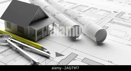 Costruzione, real estate contraente concetto. Casa residenziale la costruzione di disegni e modelli architettonici, ingegnere scrivania da ufficio, 3d illustrazione Foto Stock