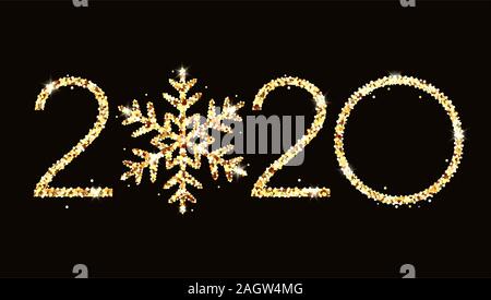 Felice Anno Nuovo 2020 golden progettazione di testo con il simbolo del fiocco di neve su sfondo nero. Illustrazione isolato. Foto Stock