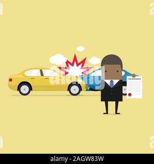 Assicurazione auto nel centro di servizio. Imprenditore africano mostra il documento di protezione auto vettore. Illustrazione Vettoriale
