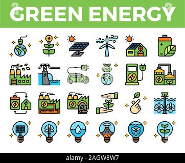 Icona verde con contorno pieno di energia ed ecologia. Icona pixel Perfect. Illustrazione vettoriale Illustrazione Vettoriale
