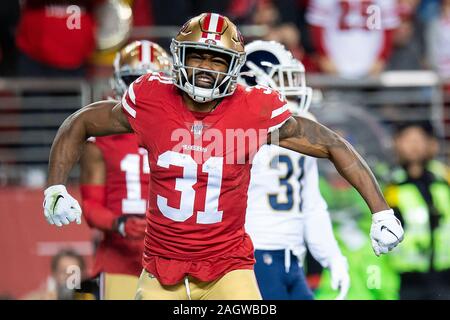 Santa Clara, CA, Stati Uniti d'America. Xxi Dec, 2019. San Francisco 49ers running back Raheem Mostert (31) reagisce dopo aver segnato il touchdown nel secondo trimestre durante una partita a Levi's Stadium il Sabato, Dicembre 21, 2019 in Santa Clara, California Credito: Paolo Kitagaki Jr./ZUMA filo/Alamy Live News Foto Stock