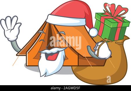 Santa camping tenda scorrere Cartoon character design con scatola di regalo Illustrazione Vettoriale