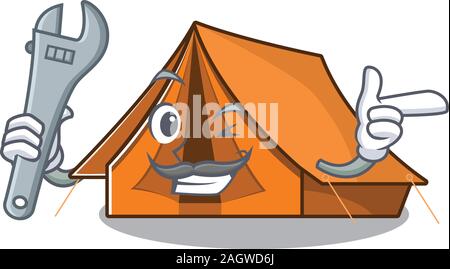 Cool meccanico tenda da campeggio scorrere cartoon character design Illustrazione Vettoriale