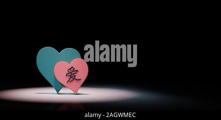 Due di blu e di rosso cuore forme con carattere cinese amore protagonista su sfondo nero con copia spazio 3D illustrazione Foto Stock