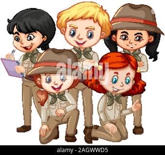 Cinque bambini indossare safari outfit illustrazione Illustrazione Vettoriale