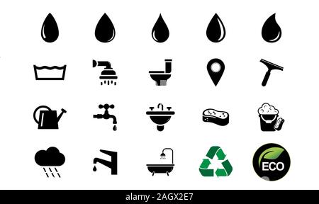 Acqua il set di icone di stile di piatto nero su sfondo bianco, semplicemente disegno vettoriale, acqua il simbolo delle icone, acqua goccia silhouette. Illustrazione Vettoriale