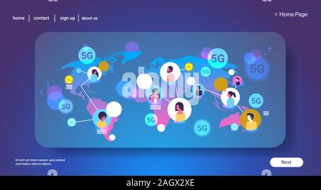 5G wireless in linea di connessione del sistema di chat globale bolla concetto di comunicazione mix gara uomini donne in chat mappa Mondo ritratto di sfondo orizzontale spazio copia illustrazione vettoriale Illustrazione Vettoriale