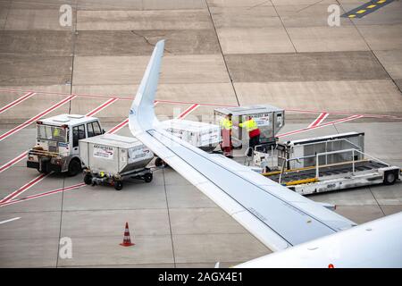 Aeroporto Internazionale di DŸsseldorf, DUS, British Airways piano viene caricato con i bagagli di contenitori, Foto Stock
