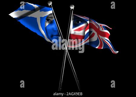 Scozia bandiera e Union Jack dipinto sul volto umano isolato su sfondo nero. Foto Stock