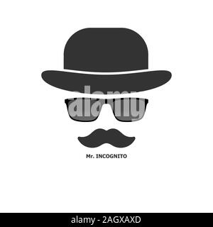 Creative stile maschile. Bowler cappello con gli occhiali e i baffi. Icona di gentleman. Isolato su sfondo bianco in stile appartamento. Illustrazione Vettoriale