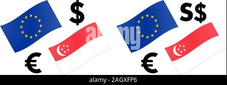 EURSGD valuta forex coppia illustrazione vettoriale. Ue e Singapore, con Euro e simbolo del dollaro. Illustrazione Vettoriale