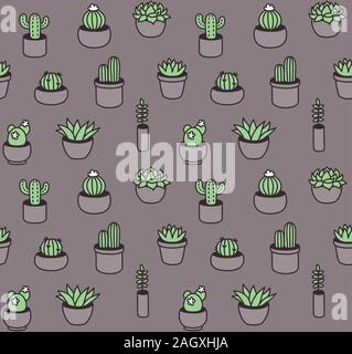 Modello senza giunture di disegnati a mano dei cactus e delle succulente in vasi. Houseplant scarabocchi in un semplice vettore di cartoon stile. Illustrazione Vettoriale