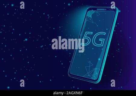 Design poligonale di un telefono cellulare con 5g su sfondo scuro come un concetto innovativo di shopping al dettaglio Illustrazione Vettoriale