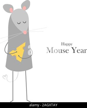Simbolo del nuovo anno cinese 2020. Rat. Funny sorridenti mouse con un pezzo di formaggio. Illustrazione di vettore isolato su bianco. Banner, poster concept Illustrazione Vettoriale