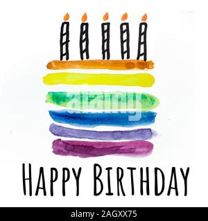 Torta con le candele. Disegno ad acquerello. Compleanno biglietto di auguri. Foto Stock