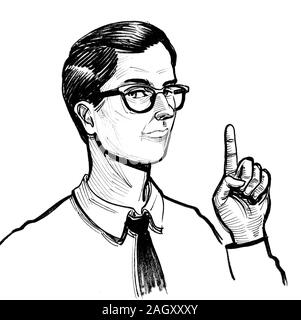 Giovane bell'uomo in occhiali e cravatta che punta in su. Disegno in bianco e nero con inchiostro Foto Stock