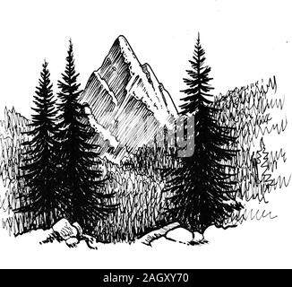 Picco di montagna e foresta. L'inchiostro bianco e nero disegno Foto Stock