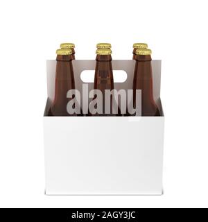 Bottiglie di birra six pack. 3d illustrazione isolati su sfondo bianco Foto Stock