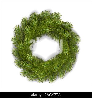 Ghirlanda di Natale fatto di rami di abete, isolato su sfondo bianco. Illustrazione realistica, elemento di design. Foto Stock