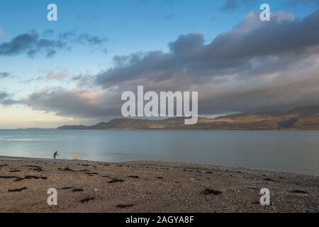 Una donna cammina il suo cane sul lungomare a Beaumaris guardando attraverso Conwy Bay verso Manchester, Penmaenmar e Great Orme alla testa. Foto Stock