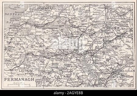 Vintage map di Fermanagh County Fermanagh, Irlanda del Nord Foto Stock