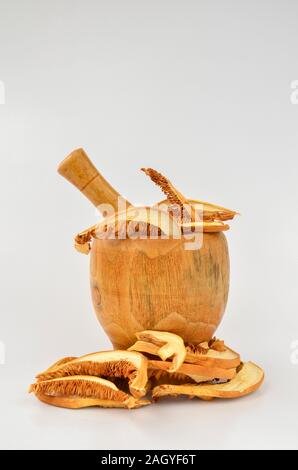 Essiccato Phaeolepiota Aurea fungo in bambù mortaio di legno isolato su sfondo bianco Foto Stock