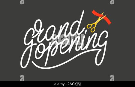 Grande apertura. Lettering design badge per la cerimonia di apertura, marketing Illustrazione Vettoriale