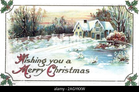 Cartolina vintage, antichi biglietto di auguri, auguri di Buon Natale, Casa su stagno all'interno di frame, holly negli angoli. Foto Stock