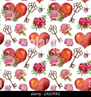 Seamless disegno ad acquerello con cuori vintage, chiavi e peonie isolati su sfondo bianco Foto Stock